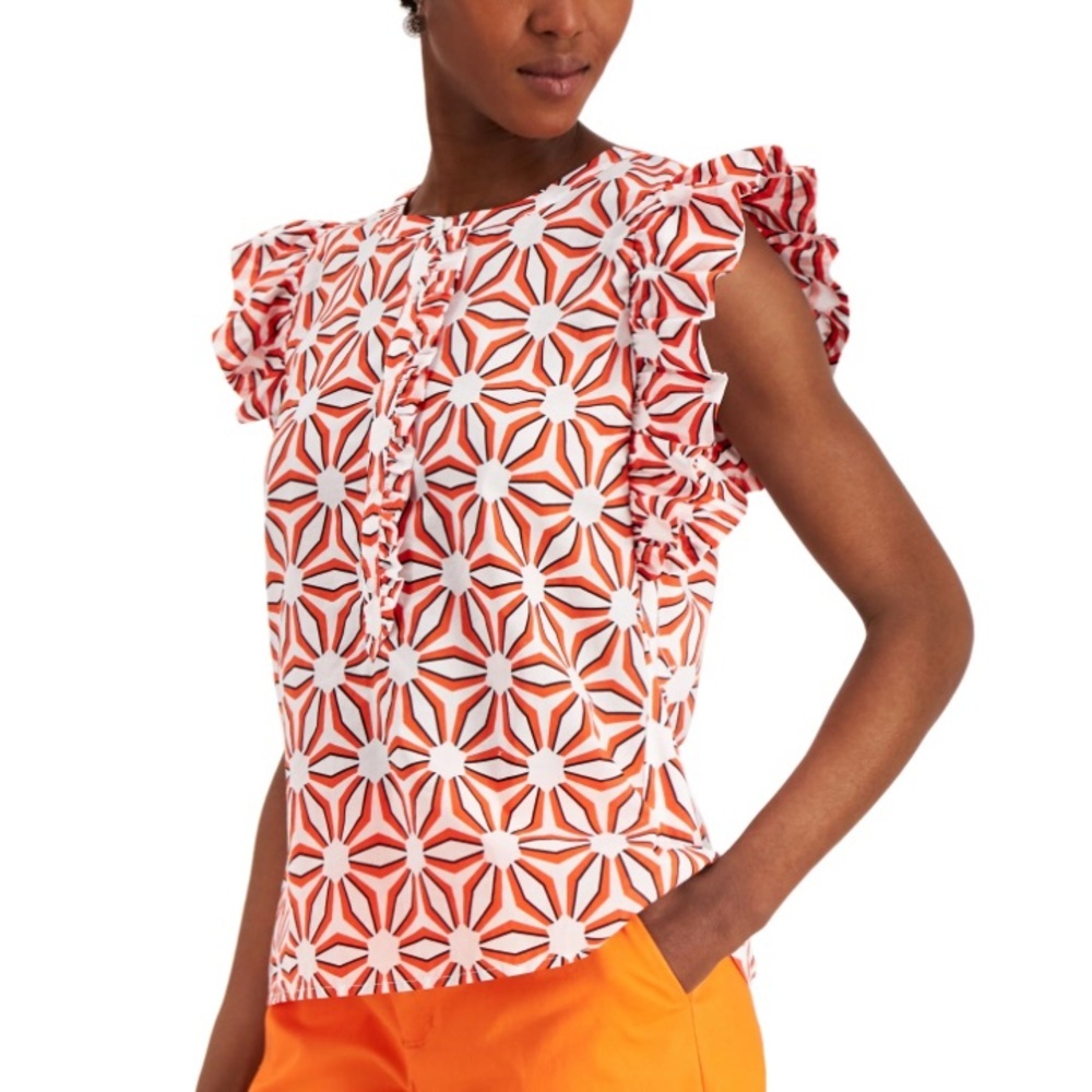 Charter Club Geometric Ruffle Sleeve Blouse - Red and White
